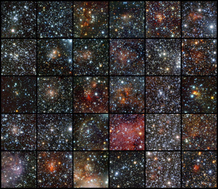 Using data from the VISTA infrared survey telescope at the European Southern Observatory's Paranal Observatory in Chile, an international team of astronomers has discovered 96 new open clusters hidden by the dust in the Milky Way. Thirty of the clusters are shown in this mosaic.