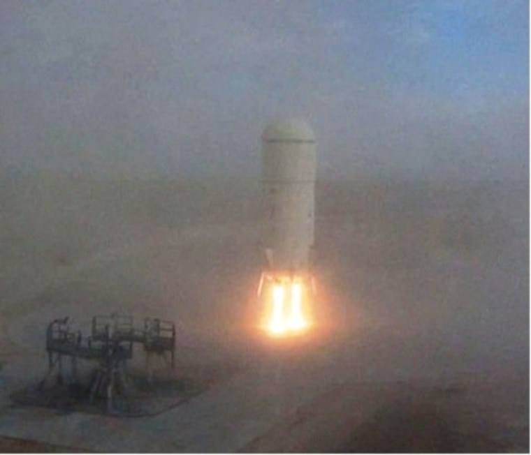 The test vehicle hovers just before landing on its pad in West Texas.