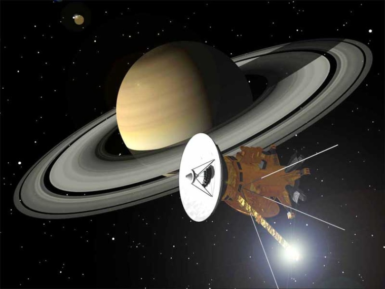 Images of Saturn's moons made with the Cassini orbiter, shown here in an artist's conception, have been used to make a Flash-based golf game.