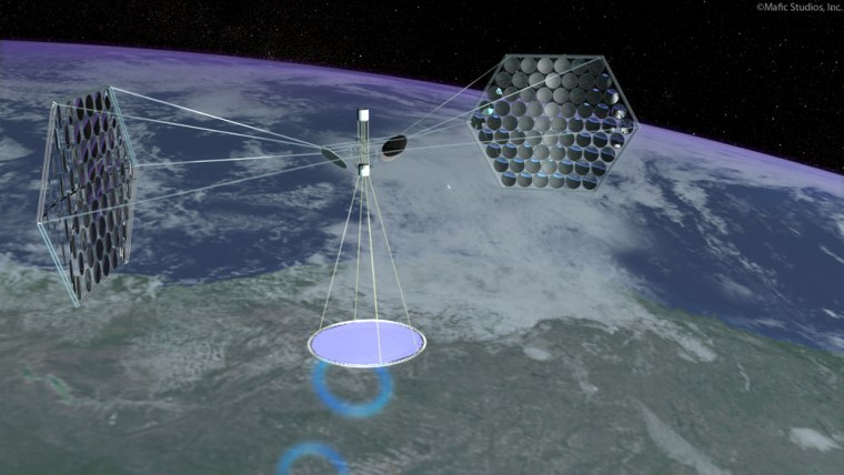 An artist's conception shows a large phased array in orbit, soaking up solar power.