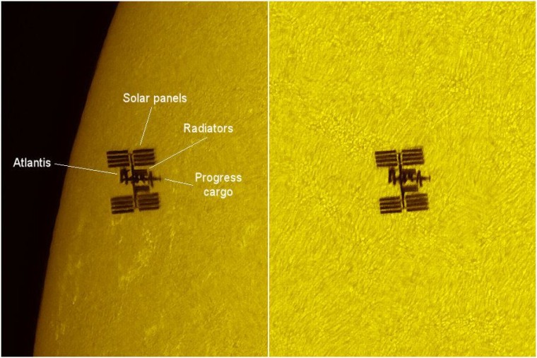 The labels on this image point out the position of Atlantis and components of the International Space Station during a July 15 transit.