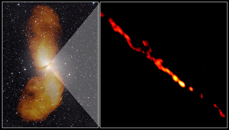 Left: The giant elliptical galaxy NGC 5128 is the radio source known as Centaurus A. Vast radio-emitting lobes (shown as orange in this optical/radio composite) extend nearly a million light-years from the galaxy. Right: The radio image from the TANAMI project provides the sharpest-ever view of a supermassive black hole's jets. This view reveals the inner 4.16 light-years of the jet and counterjet, a span less than the distance between our sun and the nearest star. Undetected between the jets is the galaxy's 55-million-solar-mass black hole.