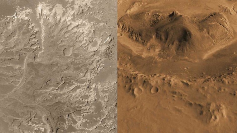 Eberswalde Crater, at left, features what appears to be a river delta where scientists believe water once flowed. Gale Crater, at right, features a mound of minerals that could chronicle Mars' geological history.