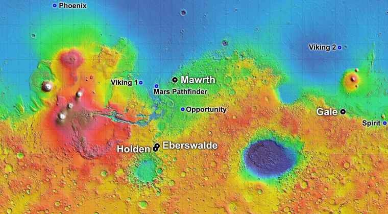 A color-coded elevation map of Mars indicates the location of previously landed probes as well as candidate sites for the Curiosity rover, including Gale and Eberswalde craters.
