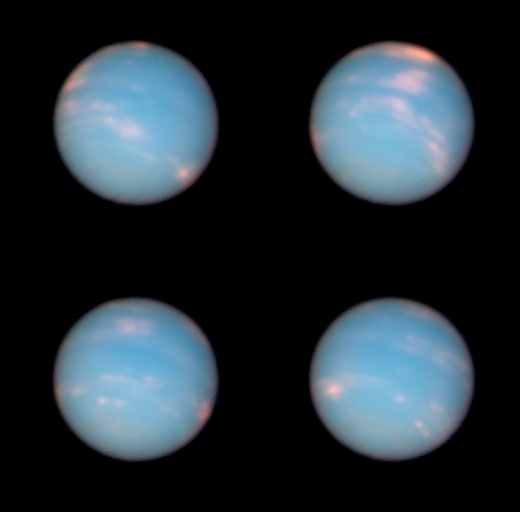 Four images of Neptune, captured by the Hubble Space Telescope at four-hour intervals on June 25-26, provide a full view of the ice giant planet as it turns through its 16-hour day. It takes 164.8 years for Neptune to make a full circuit of the sun. Clouds of methane ice crystals in Neptune's atmosphere show up as pink streaks.
