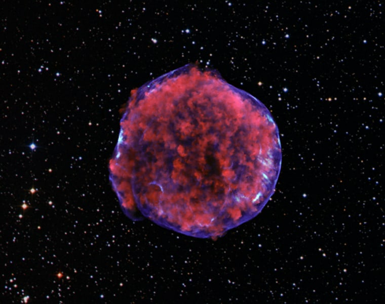 This image comes from a very deep Chandra observation of the Tycho supernova remnant, produced by the explosion of a white dwarf star in our Galaxy. Low-energy X-rays (red) in the image show expanding debris from the supernova explosion and high energy X-rays (blue) show the blast wave, a shell of extremely energetic electrons.
