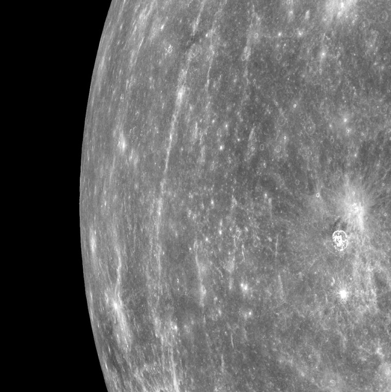 Messenger acquired this image of Mercury's horizon on March 29 as the spacecraft was flying northward along the first orbit during which its dual-camera system was turned on. Bright rays from Hokusai Crater can be seen running north to south in the image.