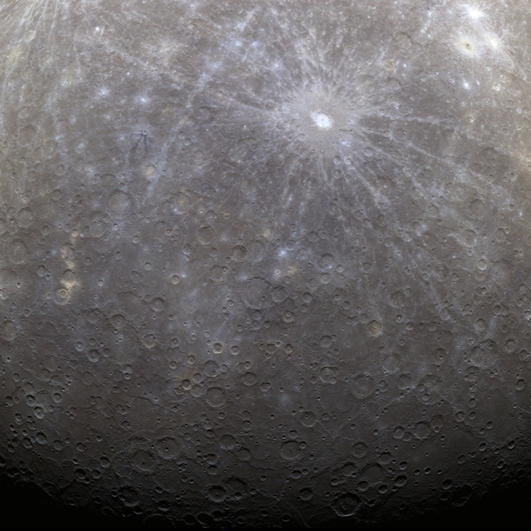 Mercury isn't the solar system's most colorful planet, but you can make out subtle shades in this first color image from Messenger, acquired on March 29. This is actually part of an eight-image sequence highlighting the bright rayed crater known as Debussy.