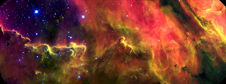 This portion of the Lagoon Nebula was imaged in three filters sensitive to optical and far-infrared light by Argentinean astronomers Julia Arias and Rodolfo Barba, using the Gemini South telescope in Chile with the Gemini Multi-Object Spectrograph. Click here for a larger version of the image.