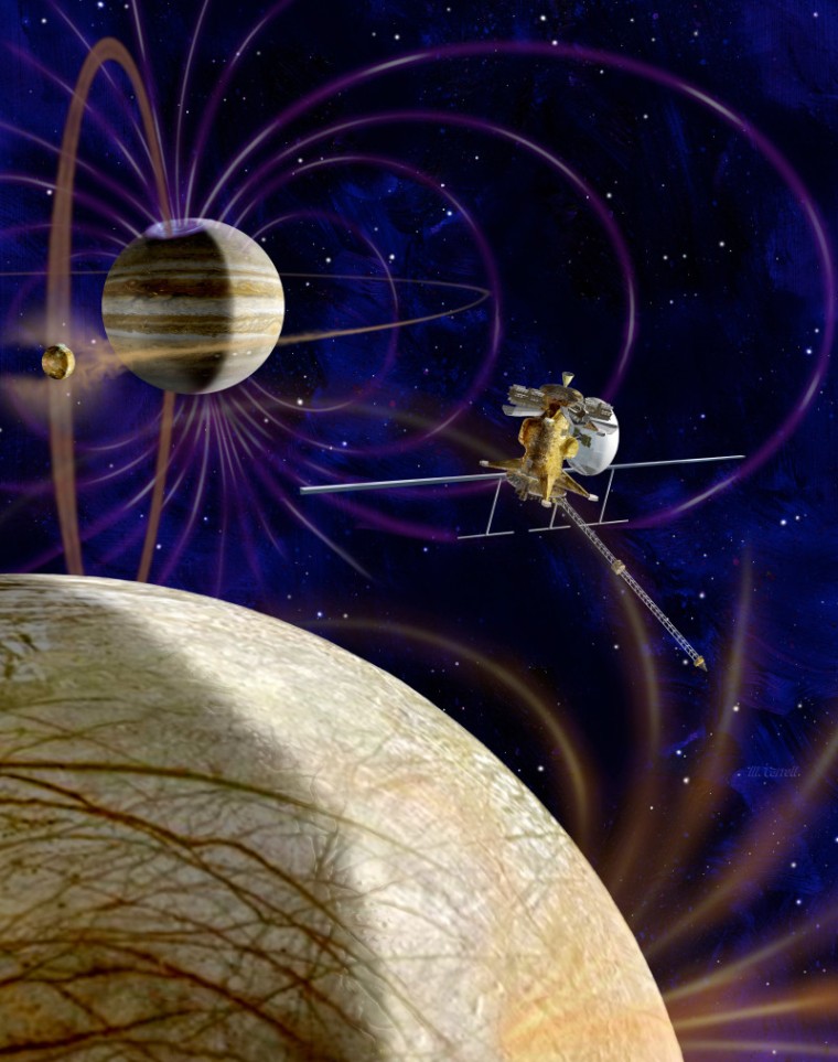 An artist's conception shows the Jupiter Europa Orbiter with the Jovian moon Europa in the foreground.