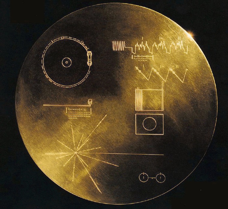 In 1977 NASA's Voyager 1 and 2 spacecraft launched into space carrying phonographs called the Golden Records containing pictures and sounds meant to show extraterrestrials a glimpse of life on Earth. The records were engraved with pictures explaining how to play them. Click on the picture for an explanation of the code.