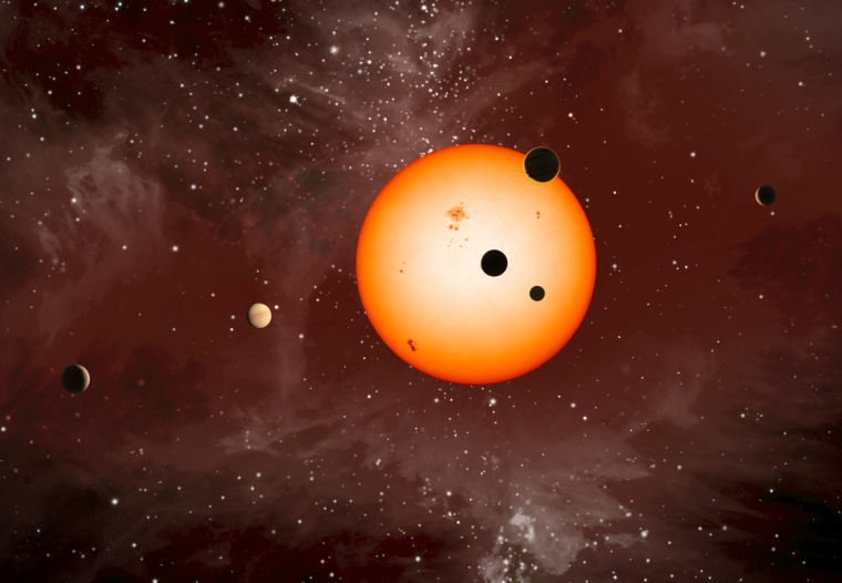 This illustration, appearing on the cover of the journal Nature, shows the six planets of the Kepler-11 system as they might have looked up close during a triple transit observed on Aug. 26, 2010. The Kepler probe couldn't produce direct imagery of the planets, but it could detect the dip in starlight caused by the transit.