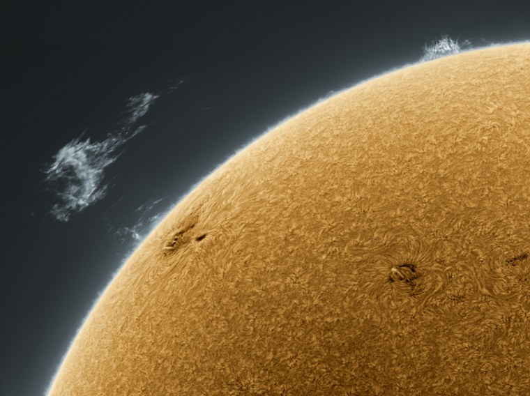 This section of the solar disk was imaged at the Winter Star Party on West Summerland Key in Florida, in the midst of 30 mph winds. The massive detached solar prominence was visible for hours. Skies were quite steady, despite the wind.