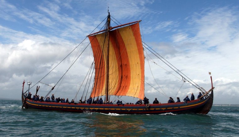 A Viking warship replica, Havhingsten af Glendalough (the Sea Stallion of Glendalough), makes its way into Dublin's port in 2007. New research suggests the Vikings used sunstones to navigate in cloudy and foggy conditions.