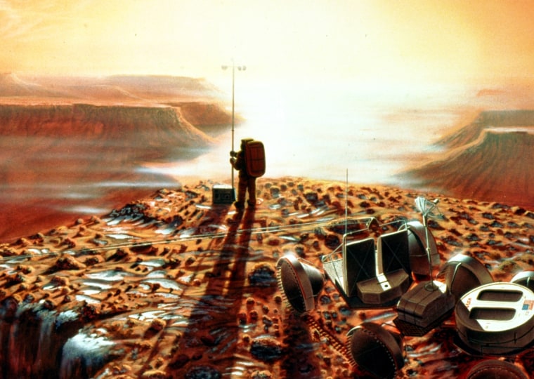 In an artist's conception, a Mars explorer surveys one of the Red Planet's grand canyons.