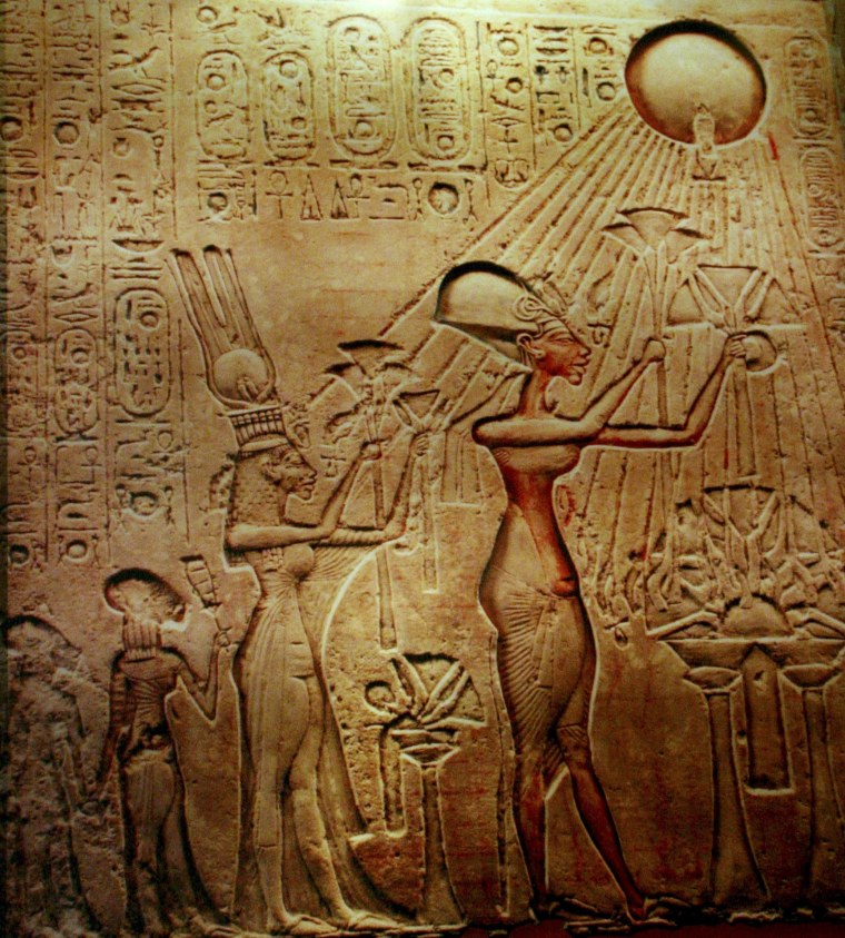 A stela at the Egyptian museum in Cairo shows Pharaoh Akhenaten, Queen Nefertiti and their children worshipping the sun in the more natural artistic style of the time. Akhenaten's sighting of a