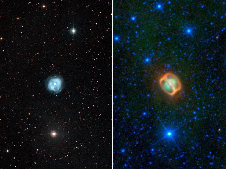 This image composite shows two views of a puffy, dying star, or planetary nebula, known as NGC 1514. The view on the left is from a ground-based, visible-light telescope; the view on the right shows the object in infrared light, as seen by NASA's Wide-field Infrared Survey Explorer, or WISE.