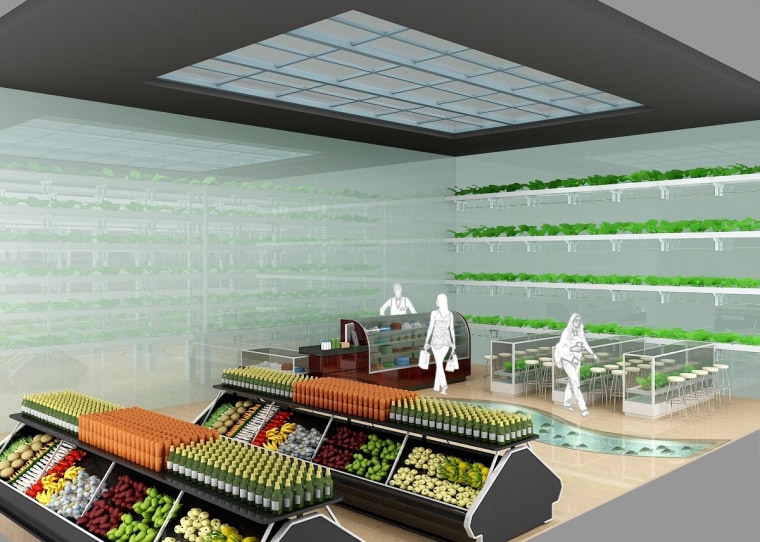 An artist's conception shows a supermarket that features food products grown on the premises through vertical farming. Such products could range from fruits and vegetables to farmed fish and lab-grown meat.