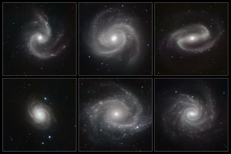 Six spectacular spiral galaxies are seen in a clear new light in pictures taken by the HAWK-I camera on the European Southern Observatory's Very Large Telescope in Chile. From left, the galaxies are NGC 5427, Messier 100 (NGC 4321) and NGC 1300 in the top row, and NGC 4030, NGC 2997 and NGC 1232 in the bottom row.