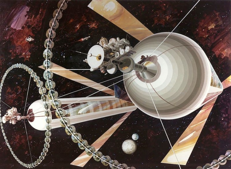 Artwork shows space habitats known as "O'Neill cylinders," named after Gerard O'Neill, founder of the Space Studies Institute.