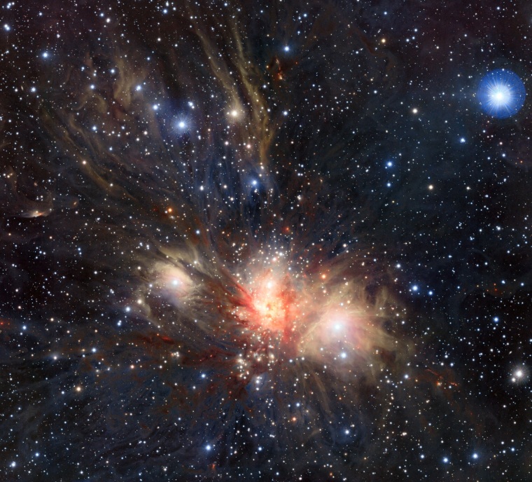 This infrared image shows the Monoceros R2 star-forming region, about 2,700 light-years from Earth, as seen by the European Southern Observatory's VISTA survey telescope.