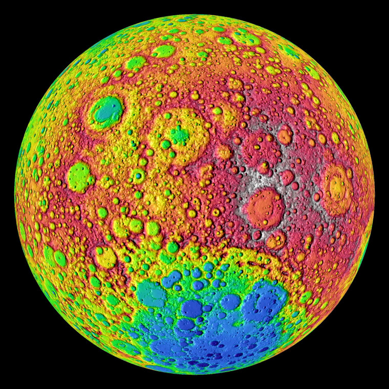 The Lunar Reconnaissance Orbiter's LOLA laser altimeter produced this color-coded image of elevations on the far side of the moon. The highest elevations, above 20,000 feet, are shown in red. The lowest elevations are shown in blue.