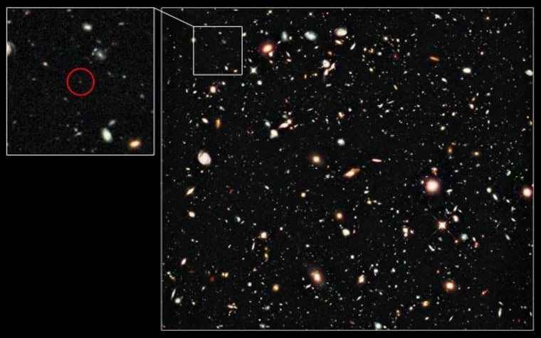 The Hubble Ultra Deep Field shows several candidates for breaking observational distance records, but confirming those distances is difficult. The inset picture highlights the galaxy UDFy-38135539, which is the farthest observed object to have its distance confirmed.