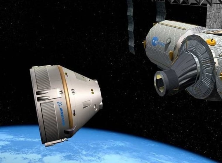 An artist's conception shows the Boeing Co.'s CST-100 craft approaching the International Space Station.