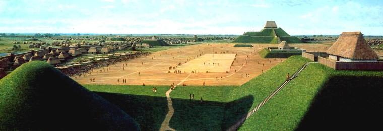 A painting by L.K. Townsend shows what central Cahokia might have looked like during its heyday, 800 years ago in what is now southwest Illinois. The pre-Columbian city-state is the subject of a book by archaeologist Timothy Pauketat, titled "Cahokia."