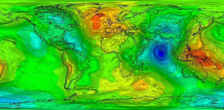 GOCE's map shows how density variations affect Earth's gravitational field, ranging from low density (blue) to high (red).