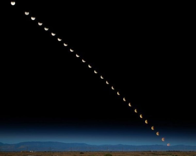 Photographer Alan Radecki took an exposure of Saturday's partial lunar eclipse every five minutes to come up with this image documenting the event's progress as seen from California's Mojave Desert. Click to see more from MojaveWest.