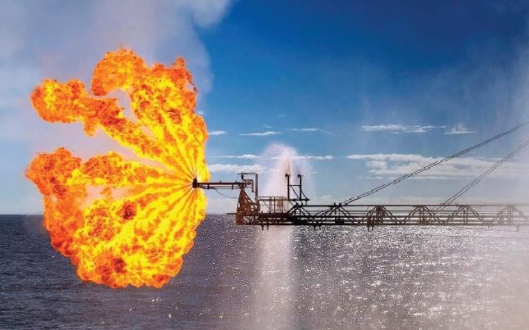 An artist's conception shows atomized oil being burned off from an EverGreen smokeless burner — a process that will be employed in the Gulf of Mexico as soon as next week.