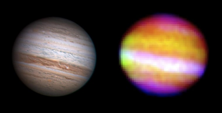 The image at right shows SOFIA's false-color infrared view of Jupiter, including a white stripe of relatively transparent clouds. The image at left is a visible-light view of Jupiter from astronomer Anthony Wesley, provided for comparison's sake.