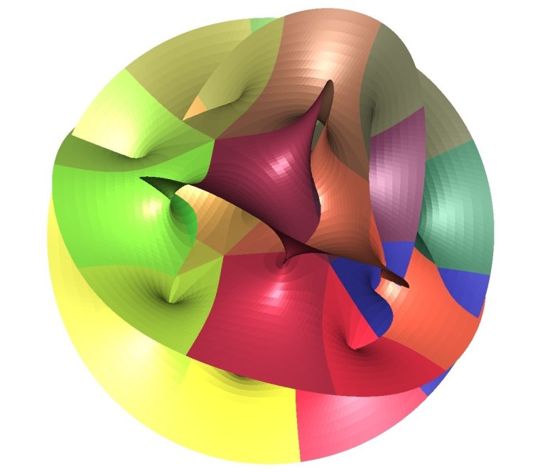 This is a two-dimensional visualization of a Calabi-Yau space. Some scientists speculate that every point in space-time consists of a six-dimensional Calabi-Yau space crumpled into a structure we can never directly perceive.