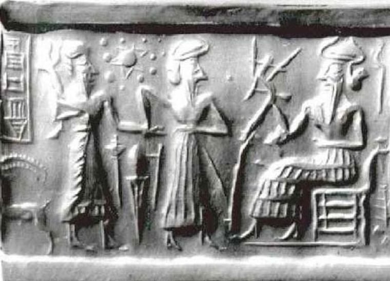 Zecharia Sitchin suggests that the star-shaped symbol and 11 other dots on this Sumerian cylinder seal, known as VA243, represent the sun, moon and 10 planets — including a mysterious world known as Nibiru. He further suggests that beings from Nibiru made alterations in the human genome. Mainstream experts on Sumerian cuneiform texts say Sitchin's interpretation is wrong.