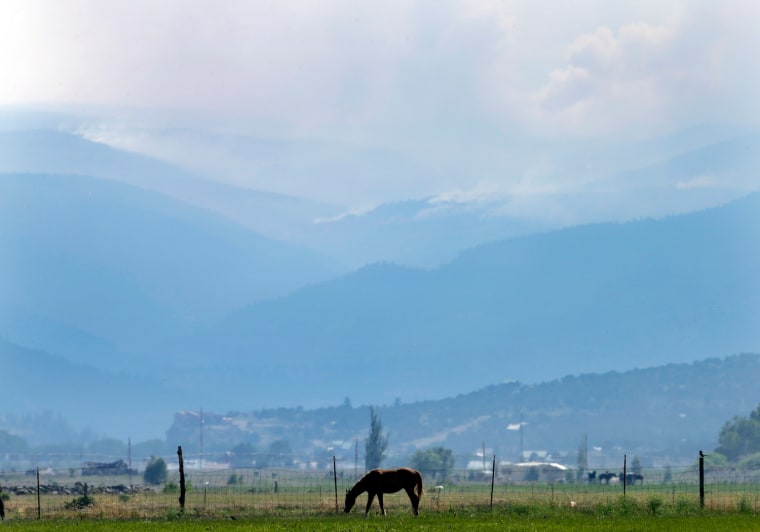 A horse grazes as smoke rises from a wildfire on Sunday near Alpine, Colo.