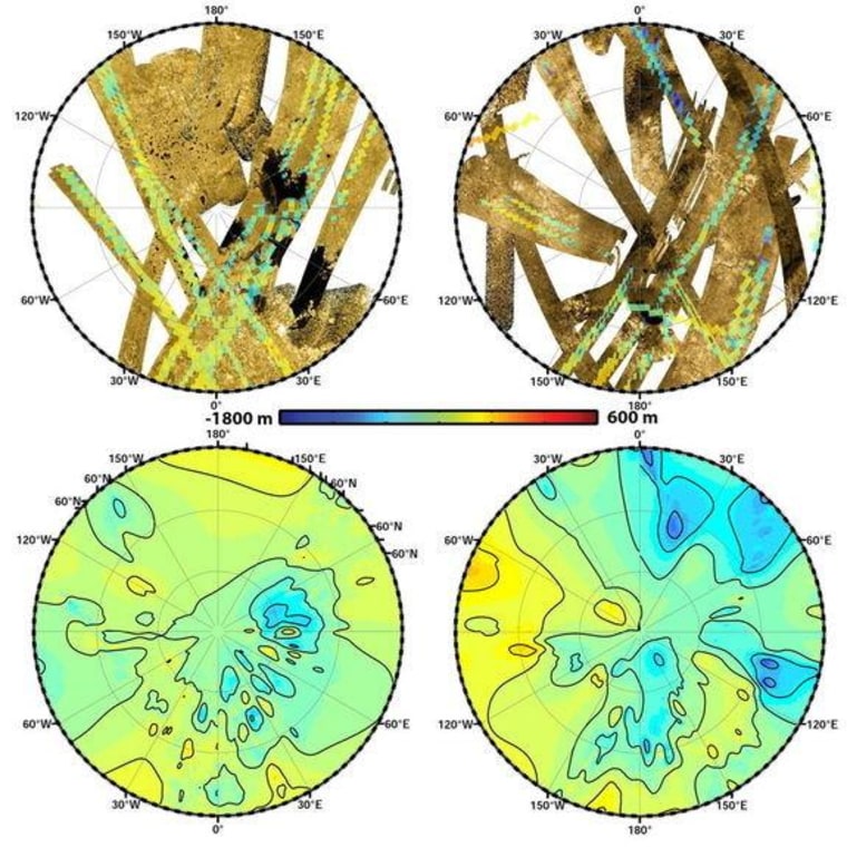 These polar maps show the first global, topographic mapping of Saturn's moon Titan, using data from NASA's Cassini mission. To create these maps, scientists used a mathematical process called splining, which uses smooth curved surfaces to