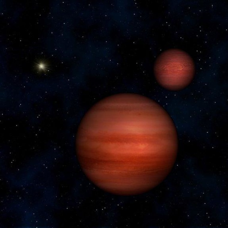 This image is an artist's conception of the binary system WISE J104915.57-531906 with the sun in the background.