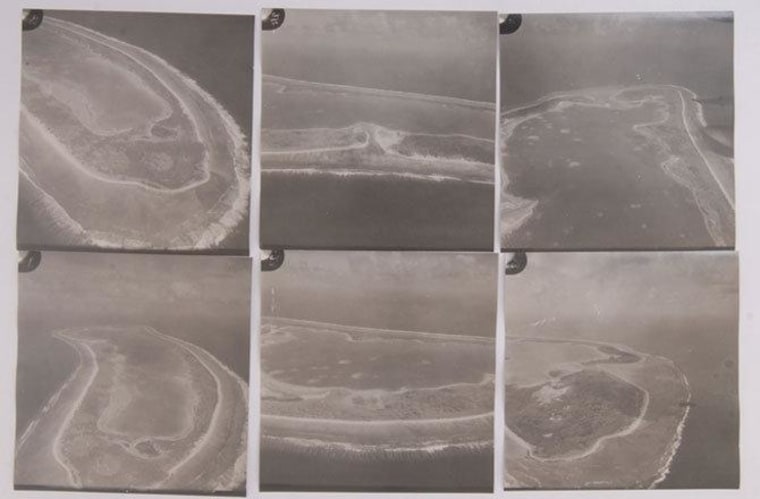A contact sheet of phots with aerial images of Nikumaroro, the island where Amelia Earhart and her navigator are believed to have survived for a time as castaways.