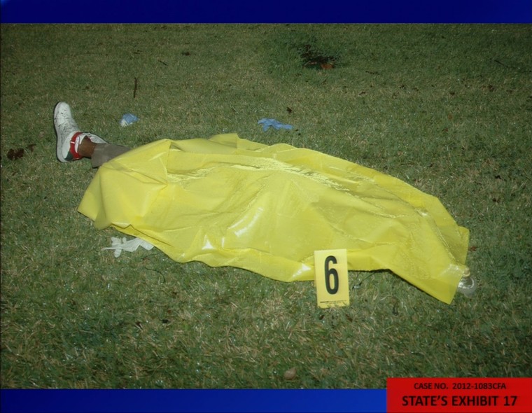 This crime scene photo presented by prosecutors for the State of Florida shows Trayvon Martin's body from the night of the shooting in February 2012. The photo was entered as evidence during George Zimmerman's trial in Seminole circuit court June 25, 2013 in Sanford, Fla. Zimmerman is charged with second-degree murder for the shooting death of Martin.