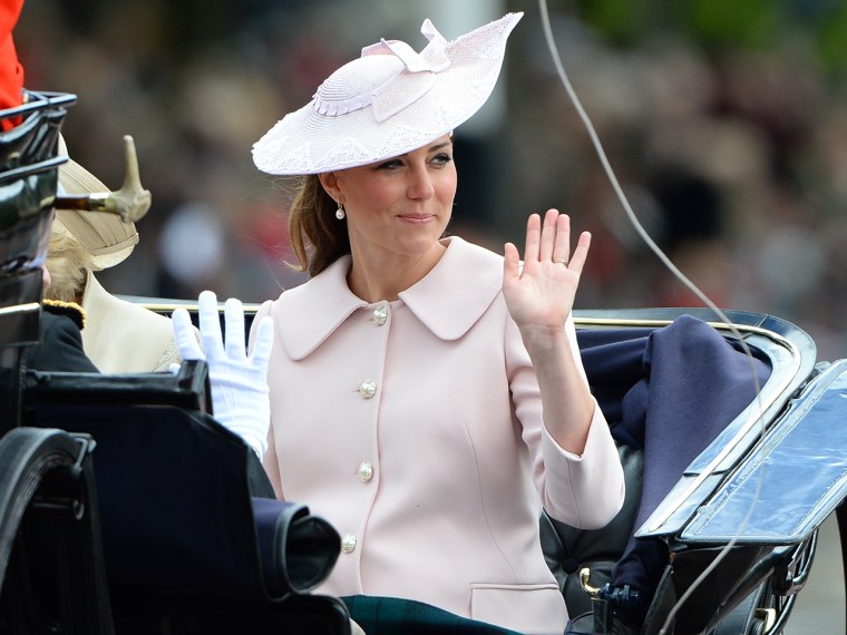 LONDON, ENGLAND - JUNE 15:  Catherine Duchess of Cambridge, travels by carriage along The Mall to the annual Trooping The Colour ceremony at Horse Gua...