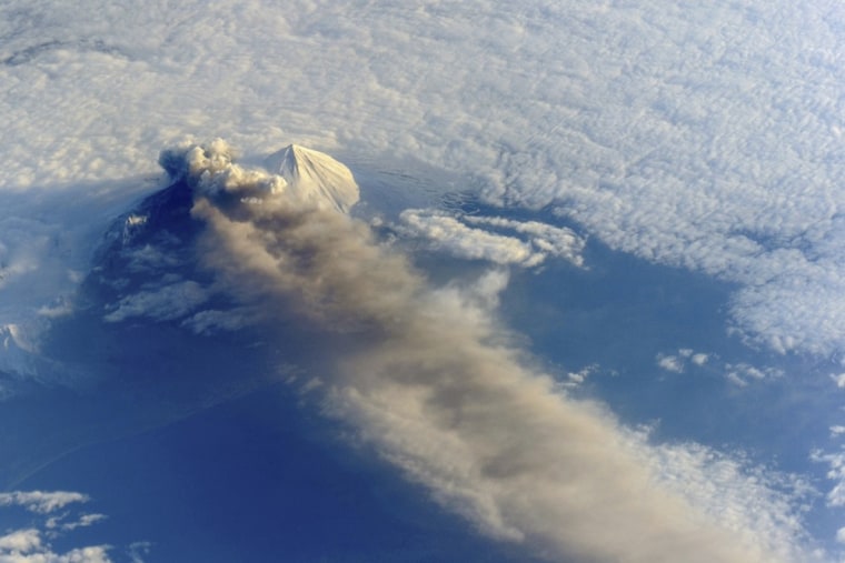 The Pavlof Volcano in Alaska, seen here on May 18, has sent a plume of cinders 5 miles into the sky.