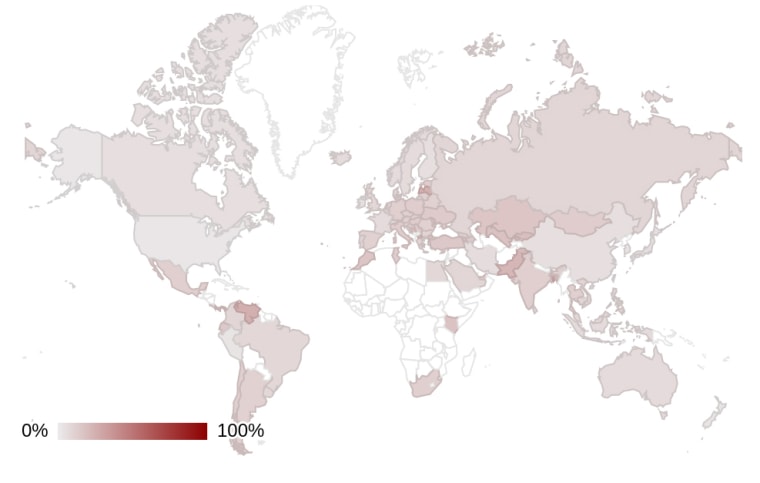 Google's heat map shows the proportion of sites scanned by Safe Browsing that are found to be hosting malware.