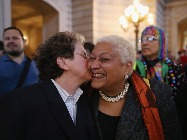 Many older members of the gay community who have experienced the struggles for equal rights over the years also rejoiced, like this couple in San Francisco that celebrated hearing the news.