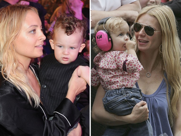 Nicole Ritchie, left with son Sparrow James Midnight Madden, and Gwyneth Paltrow, right, with daughter Apple Blythe Alison Martin.