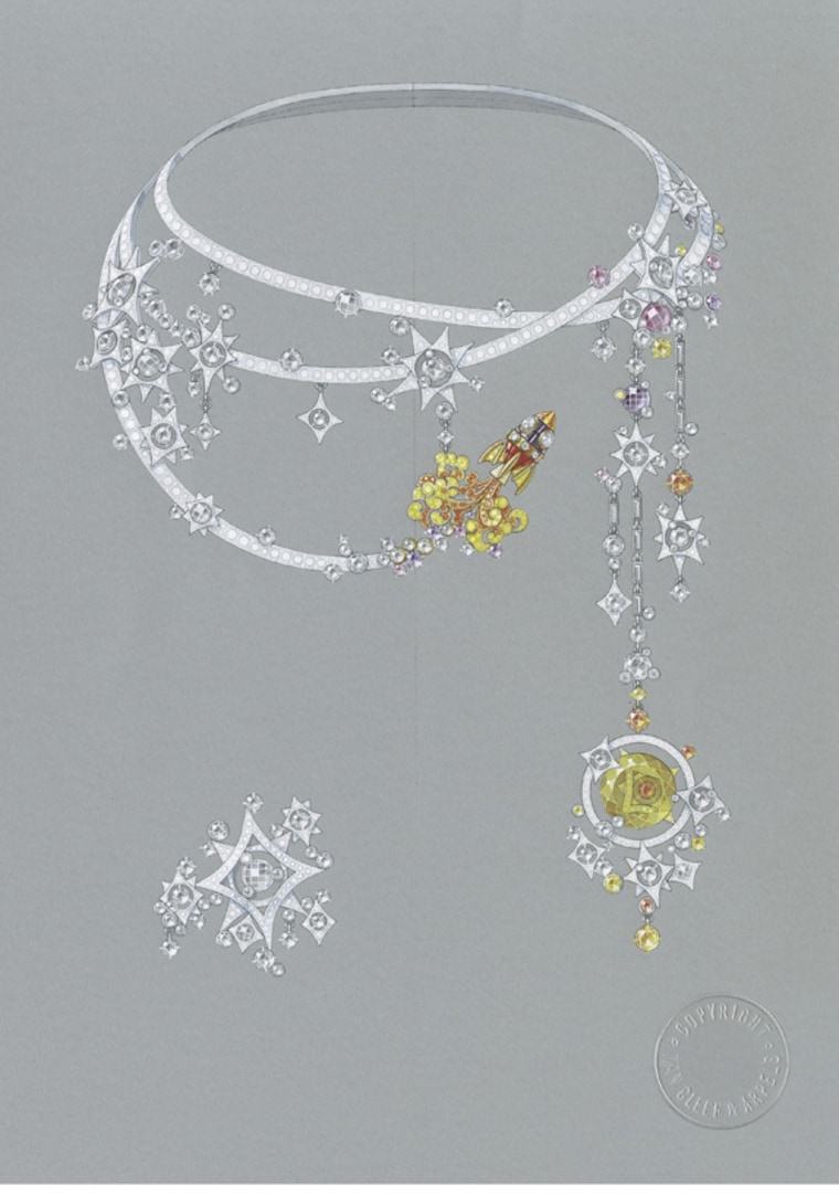 Tampa necklace by Van Cleef & Arpels, French; Made of white and yellow gold with round-, baguette- and rose-cut diamond, round pink, purple and yellow sapphire, rose-cut blue sapphire, onyx, round orange garnet, round red spinel and round beryl.