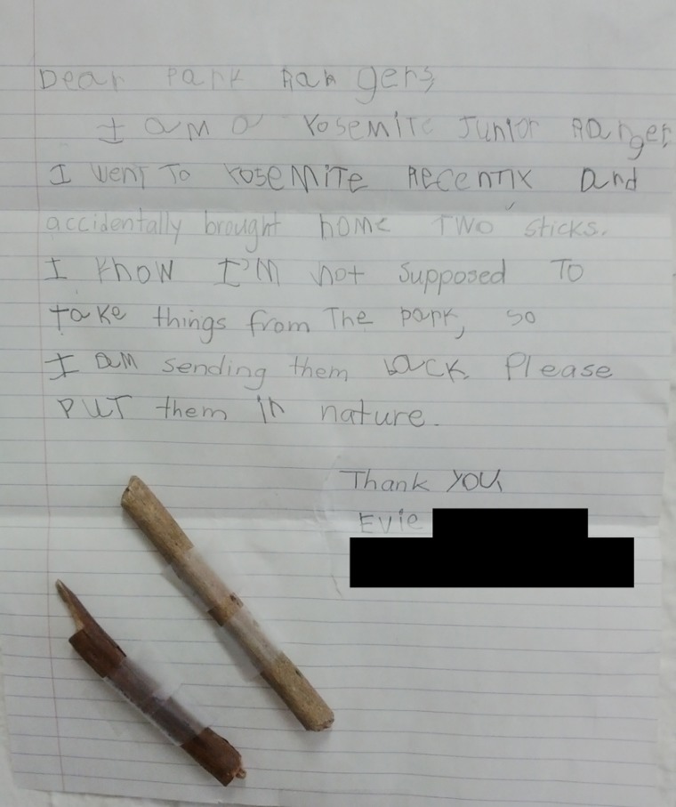 A Junior Ranger named Evie wrote this letter to Yosemite rangers after discovering she'd accidentally taken home some sticks from the park.