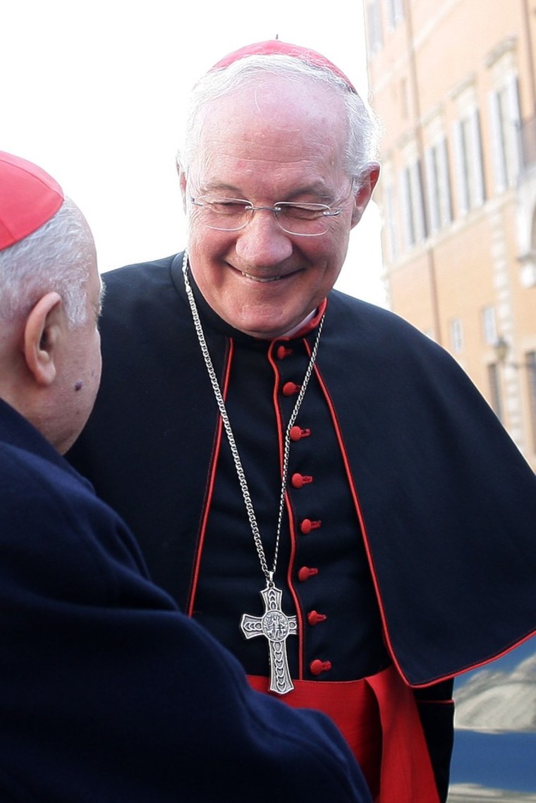 Canadian Cardinal Marc Ouellet arrives at the Paul VI hall in the Vatican on Monday.