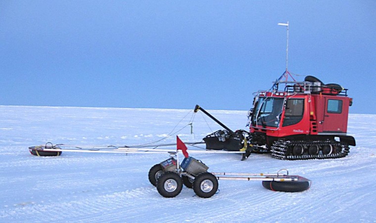 The Yeti rover in Greeland in April 2012, with its ground-penetrating radar sled.