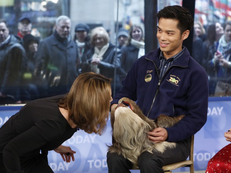 TODAY -- Pictured: (l-r) Savannah Guthrie, C.C. The Sloth and Marc Valitutto appear on NBC News' \"Today\" show -- (Photo by: Peter Kramer/NBC/NBC NewsW...